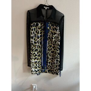 Alberto Makali Sheer Leopard Print Blouse Mesh Sleeve Size M